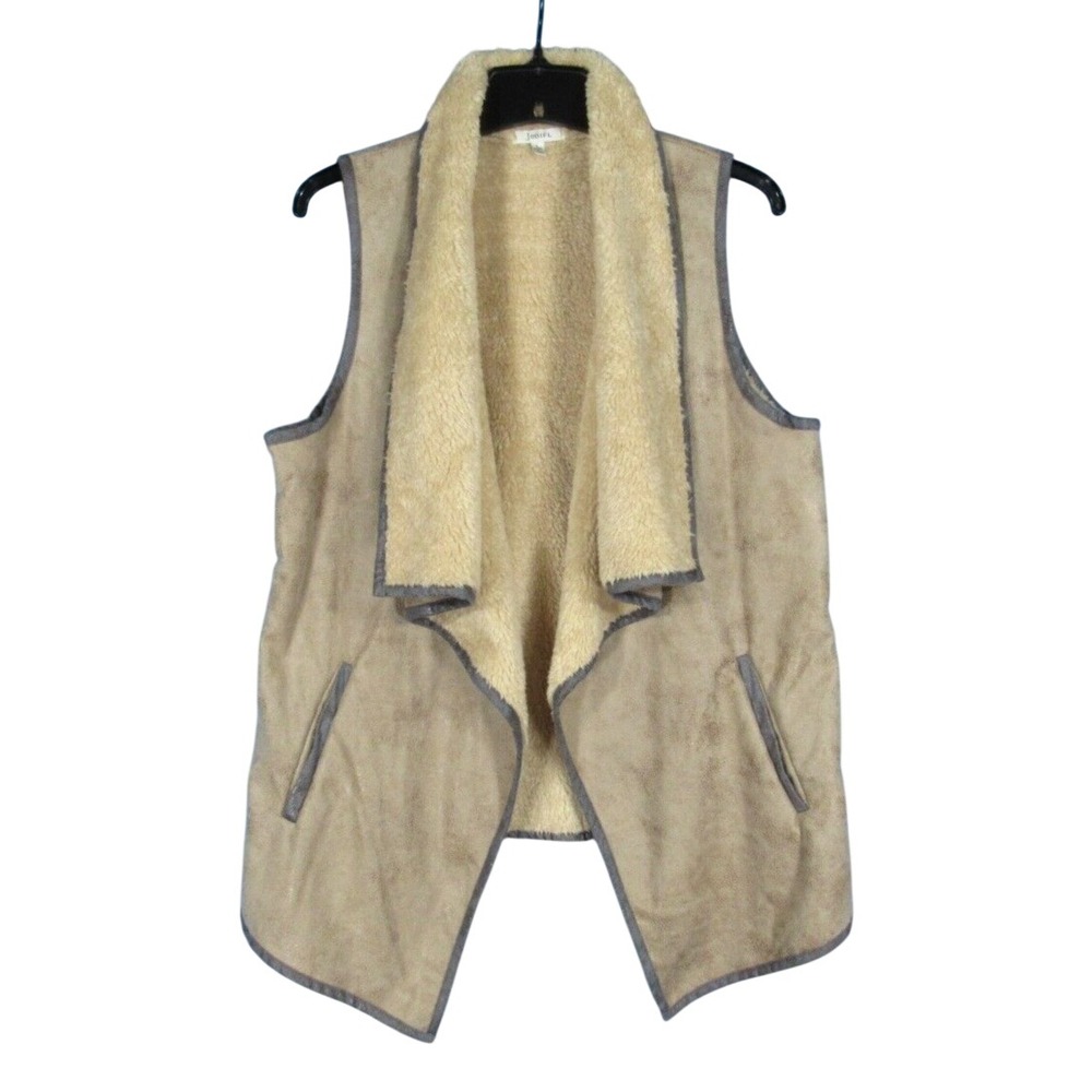 JODIFL Beige FAUX SUEDE Sleeveless SHERPA LINED Draped OPEN-FRONT Top Vest L